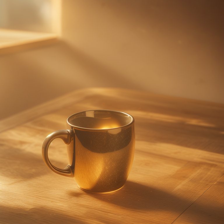 Same mug relit with warm golden window light