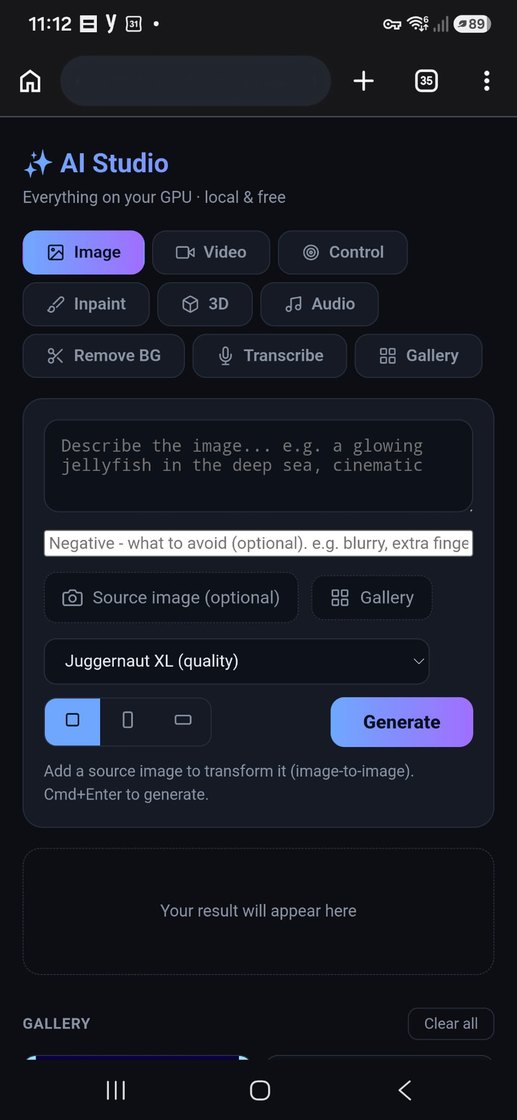The AI Studio running full-featured in a mobile browser on an Android phone