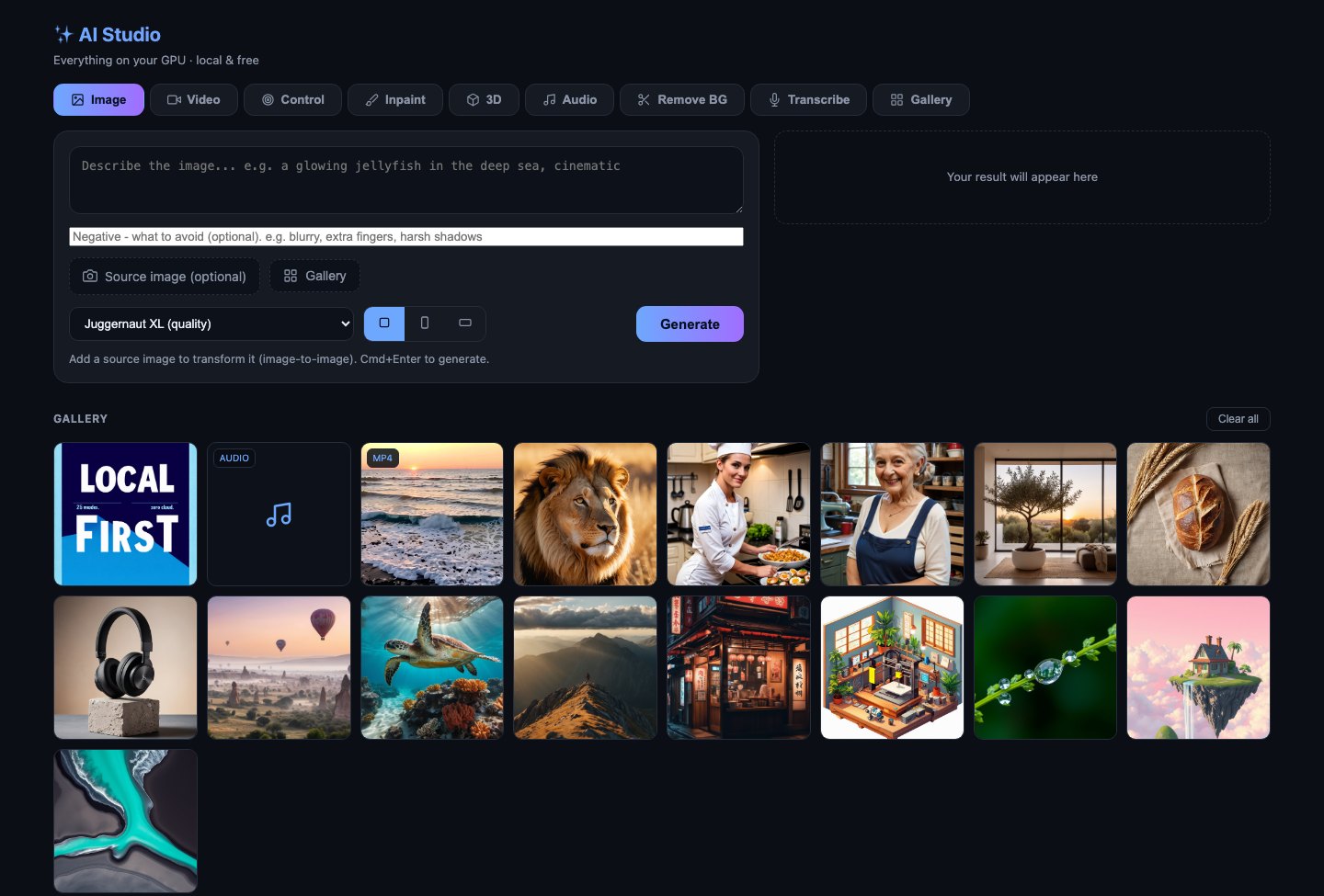 The AI Studio web app: tabbed interface with image generation, video, 3D, audio tools and a live gallery